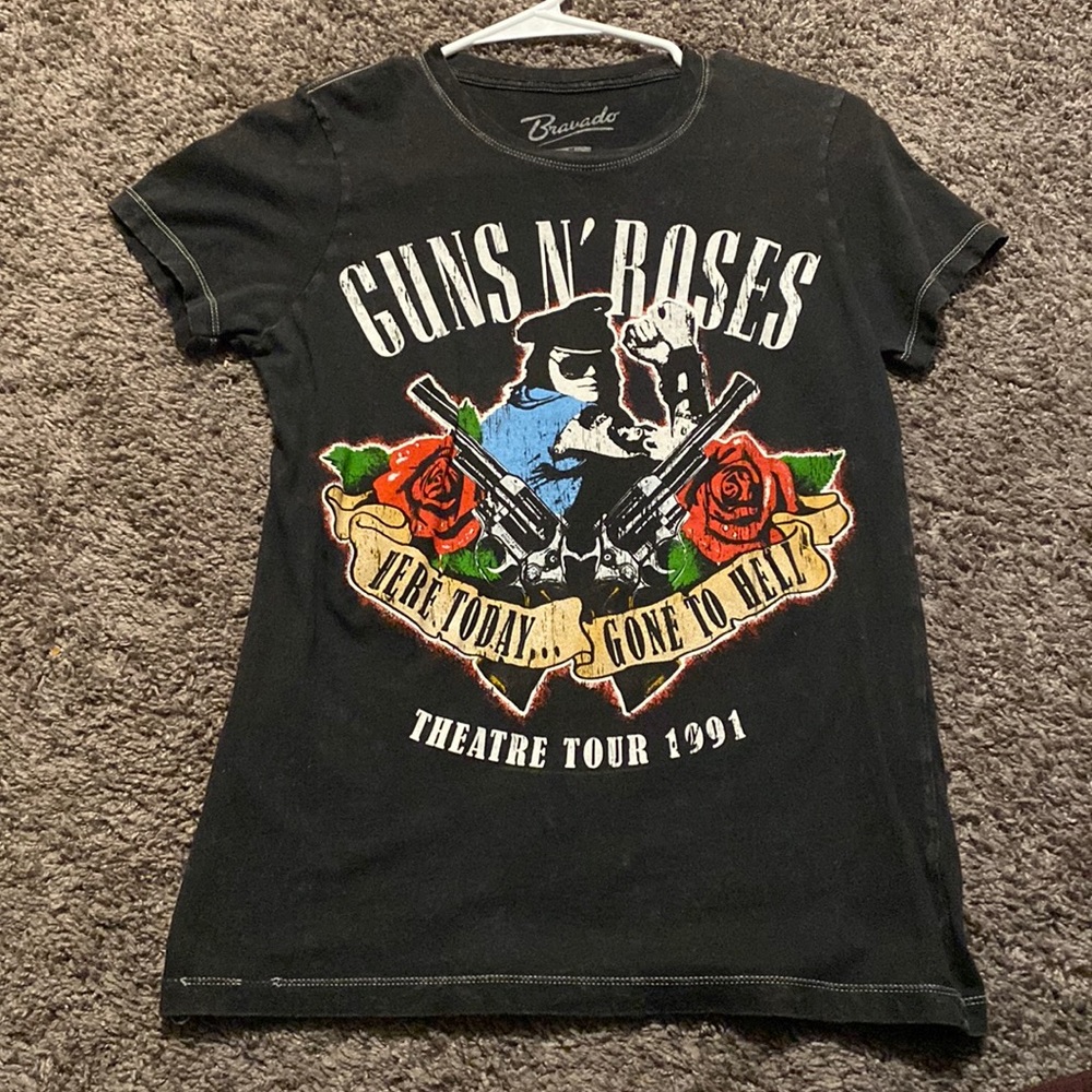 Black and grey with white stitching, guns N roses tshirt